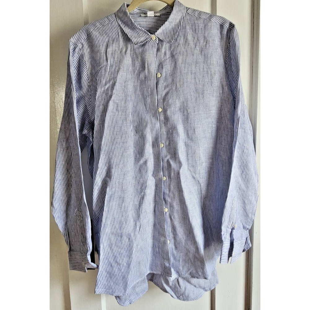 PURE NAVY WOMAN Sz L blue‎ white striped 100% Linen long sleeve button up shirt